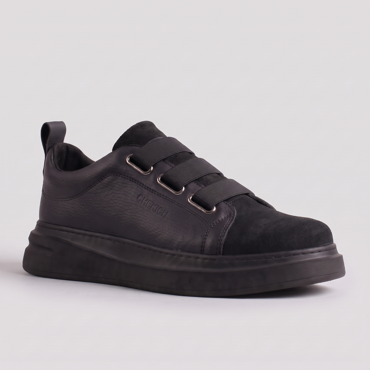 All Black NONE V2 sneaker by Chekich South Africa showing the sleek, black design with white sole and branding details.
