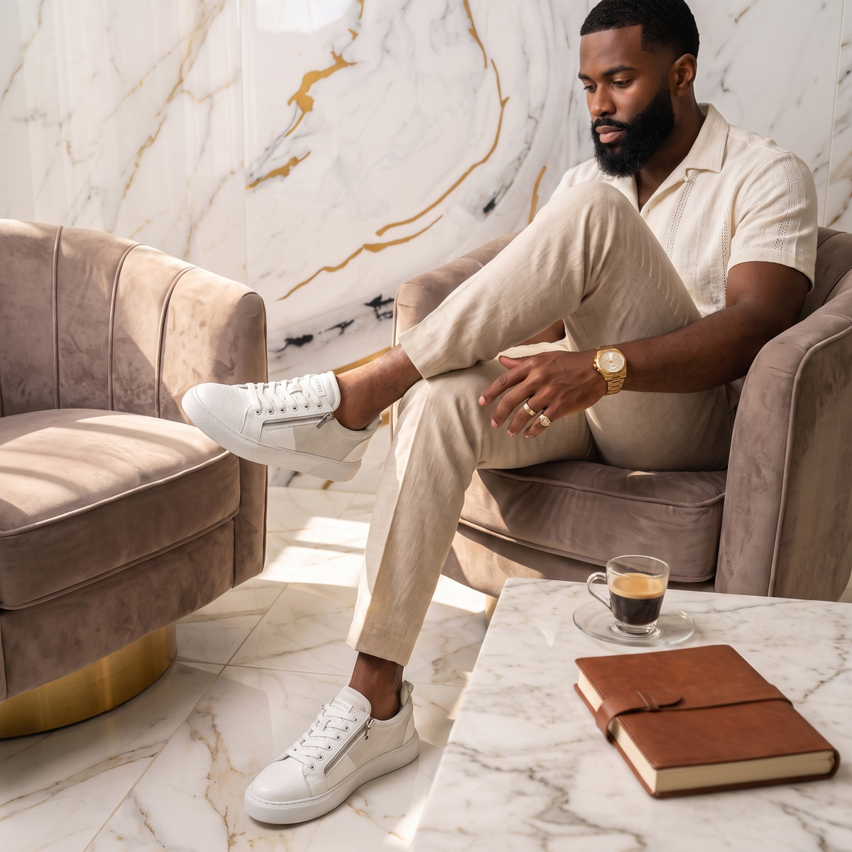 Chekich PHANTOM White sneakers worn with a cream outfit, seated in a marble lounge