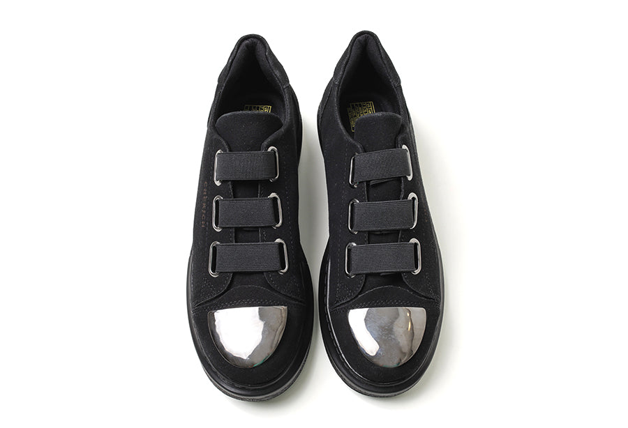 Shopify Mirror Suede All Black sneakers featuring sleek black suede material and modern athletic design.