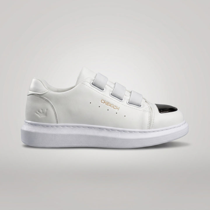 Chekich MIRROR V2 White sneaker – all-white vegan leather with chrome mirror toe cap and triple-strap closure (1/10)
