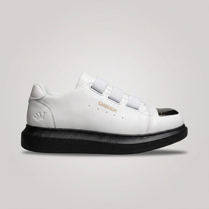 Chekich MIRROR V2 White Black sneaker – white and black vegan leather with chrome mirror toe cap and triple-strap closure (1/8)