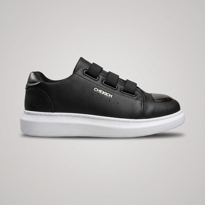 Chekich MIRROR V2 Black White sneaker – black and white vegan leather with chrome mirror toe cap and triple-strap closure (1/7)