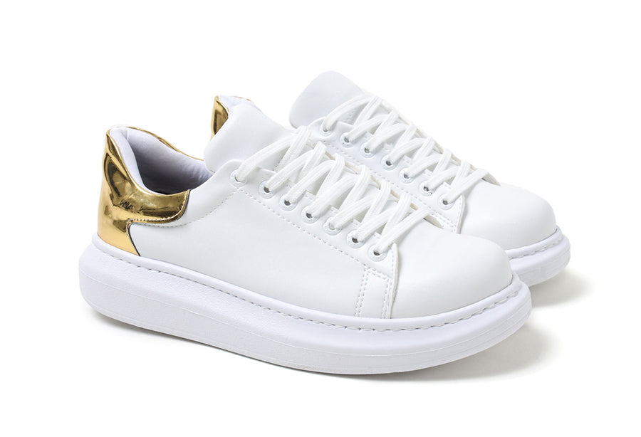 White Fantasia Touch Gold sneakers by Shopify, featuring stylish gold accents and a comfortable casual design.
