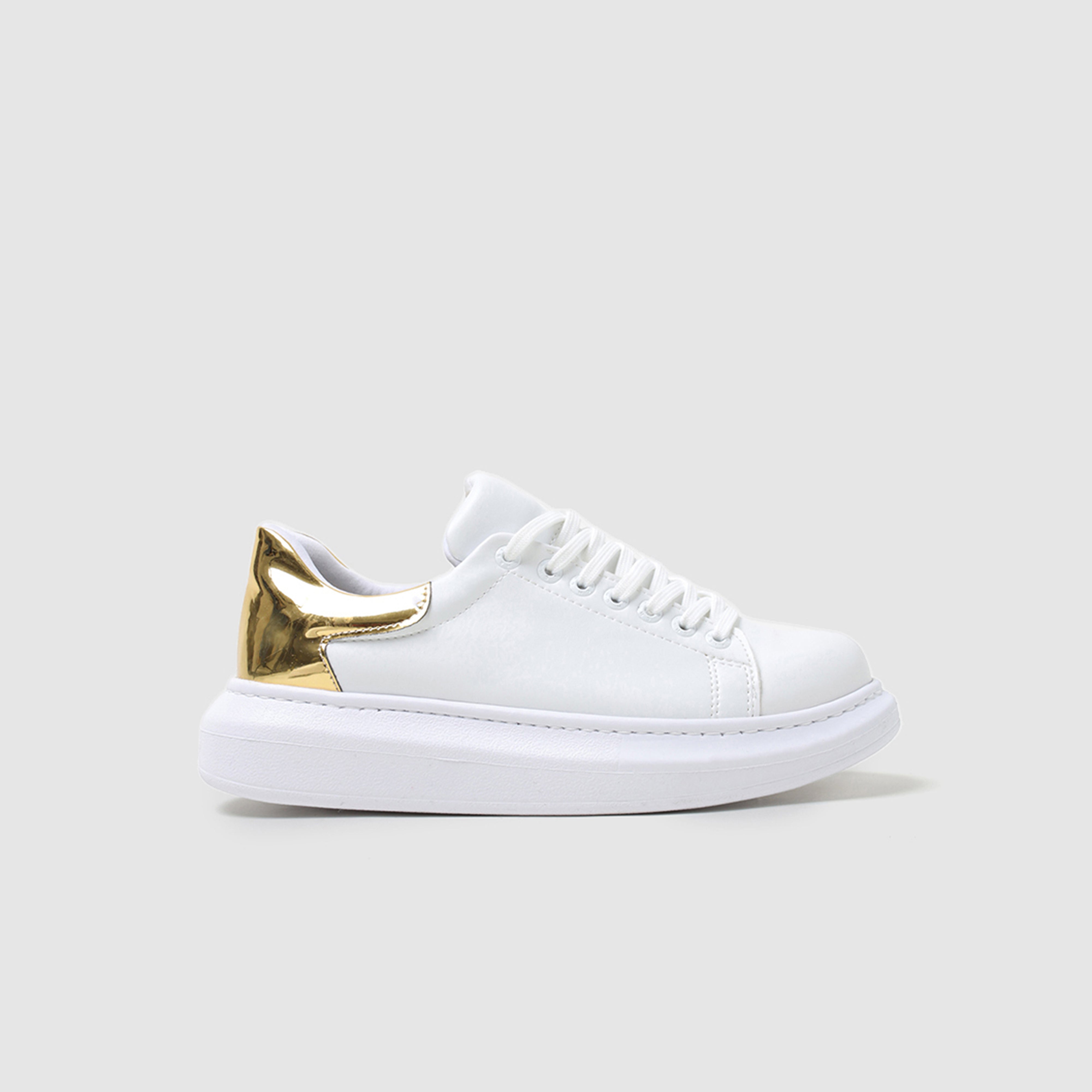 White Fantasia Touch Gold sneakers by Shopify featuring stylish gold accents and a modern, comfortable design.