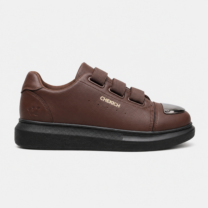 Chekich MIRROR V2 Chocolate Black sneaker – chocolate and black vegan leather with chrome mirror toe cap and triple-strap closure (1/8)