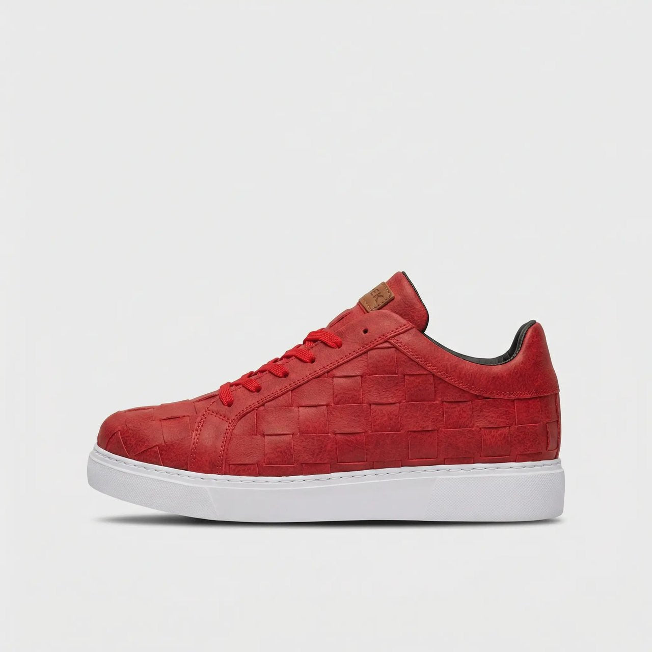 Red VIMINI sneakers by Shopify, showing stylish athletic shoes with red accents and white soles on a plain background.