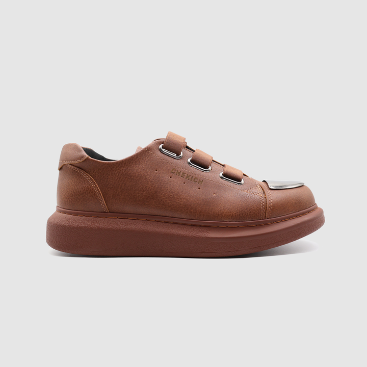 Shopify Mirror All Brown sneakers with sleek brown leather uppers and white rubber soles, stylish casual footwear for men.