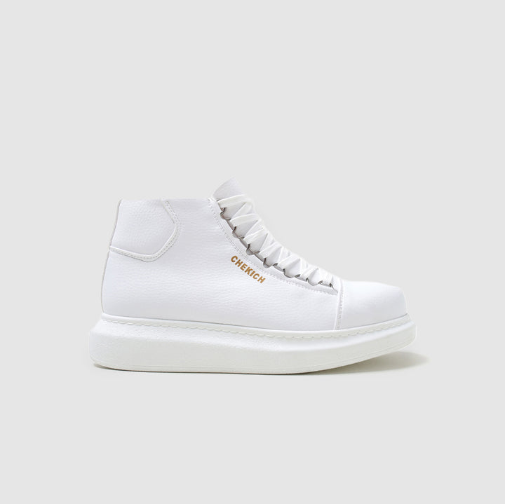 White Roma boots by Shopify featuring a sleek design, stylish ankle height, and smooth white leather finish.