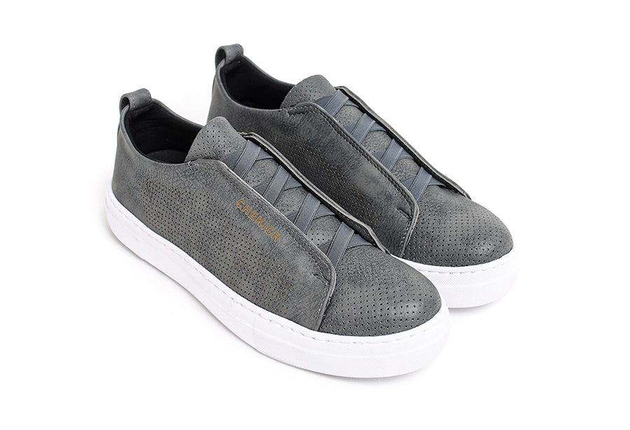 Shopify ZEN Grey sneakers with sleek design, featuring grey fabric and white sole, perfect for casual wear.