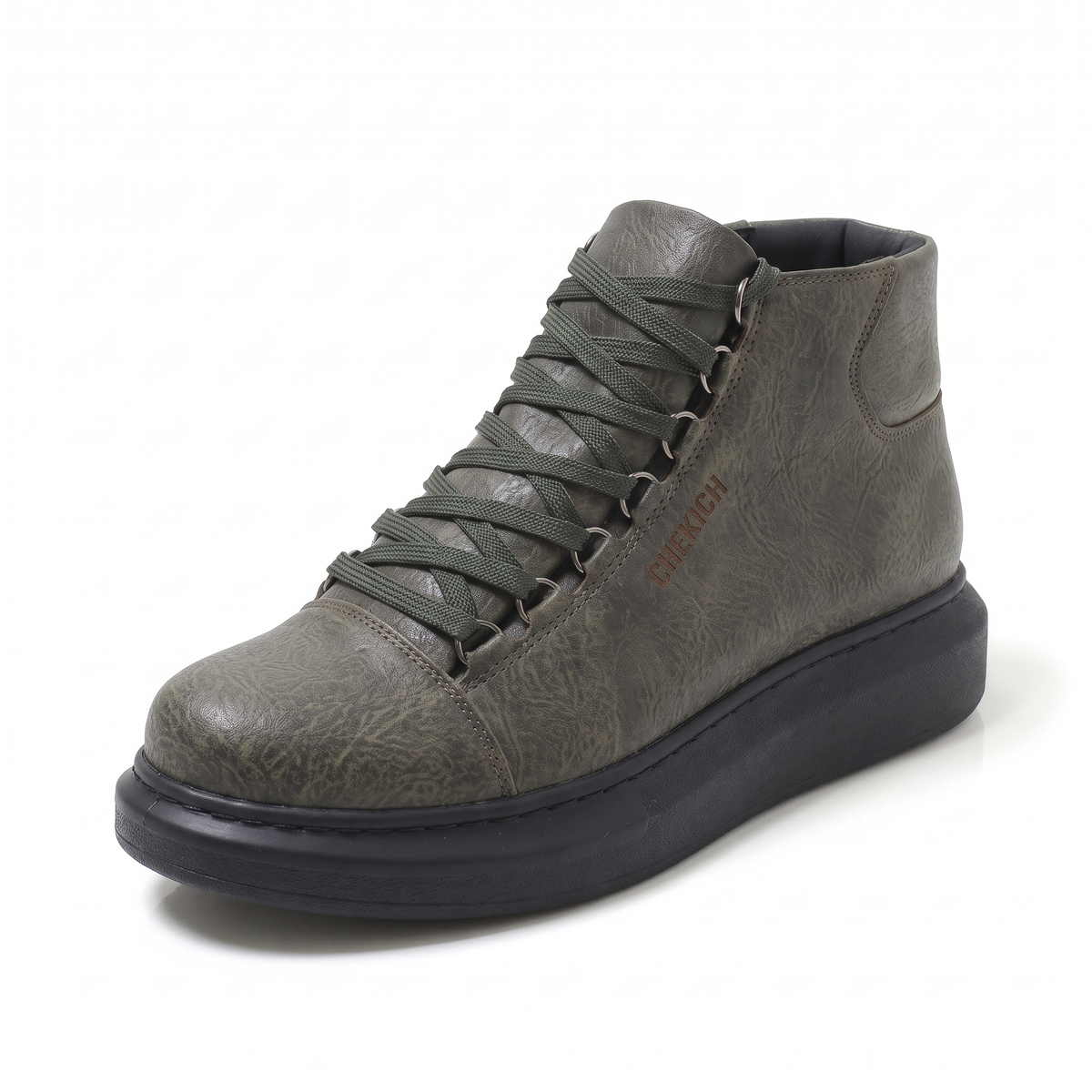 Chekich South Africa ROMA green and black boots with stylish design and ankle-high cut, shown on a model.